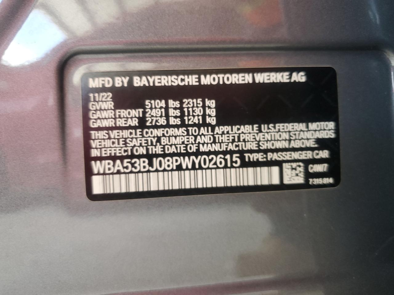 2023 BMW 540 I VIN: WBA53BJ08PWY02615 Lot: 63180904