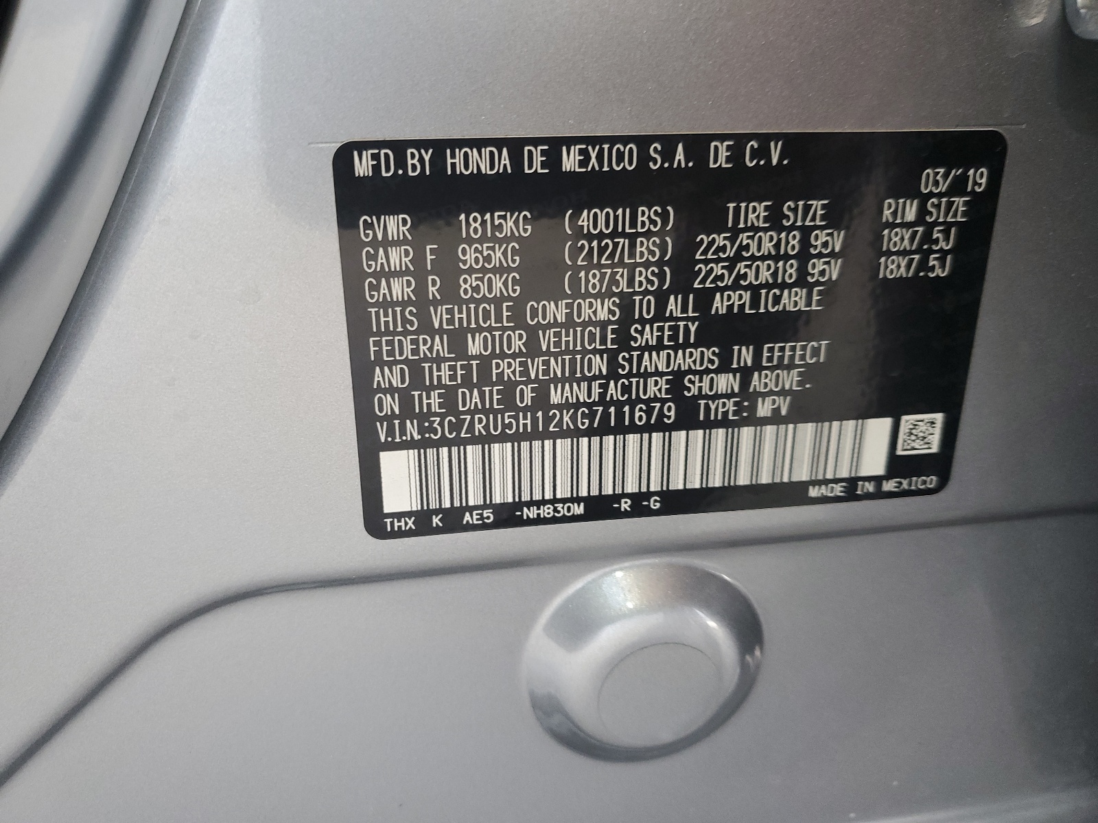 3CZRU5H12KG711679 2019 Honda Hr-V Sport