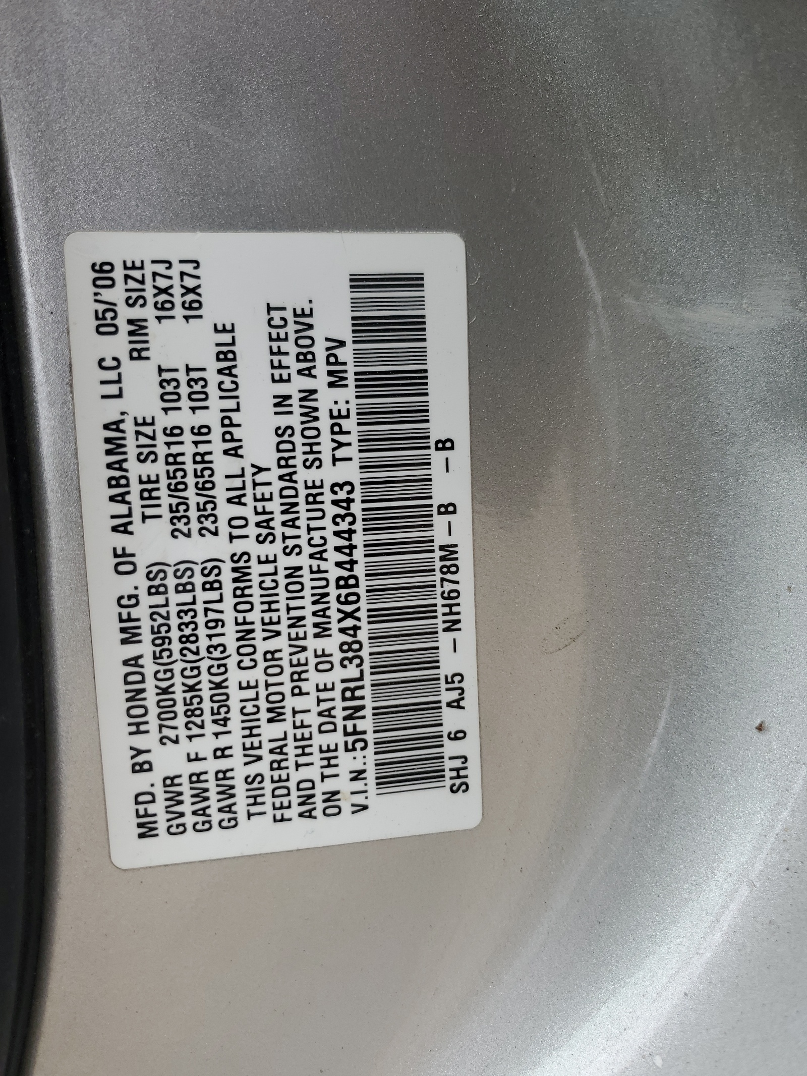 5FNRL384X6B444343 2006 Honda Odyssey Ex