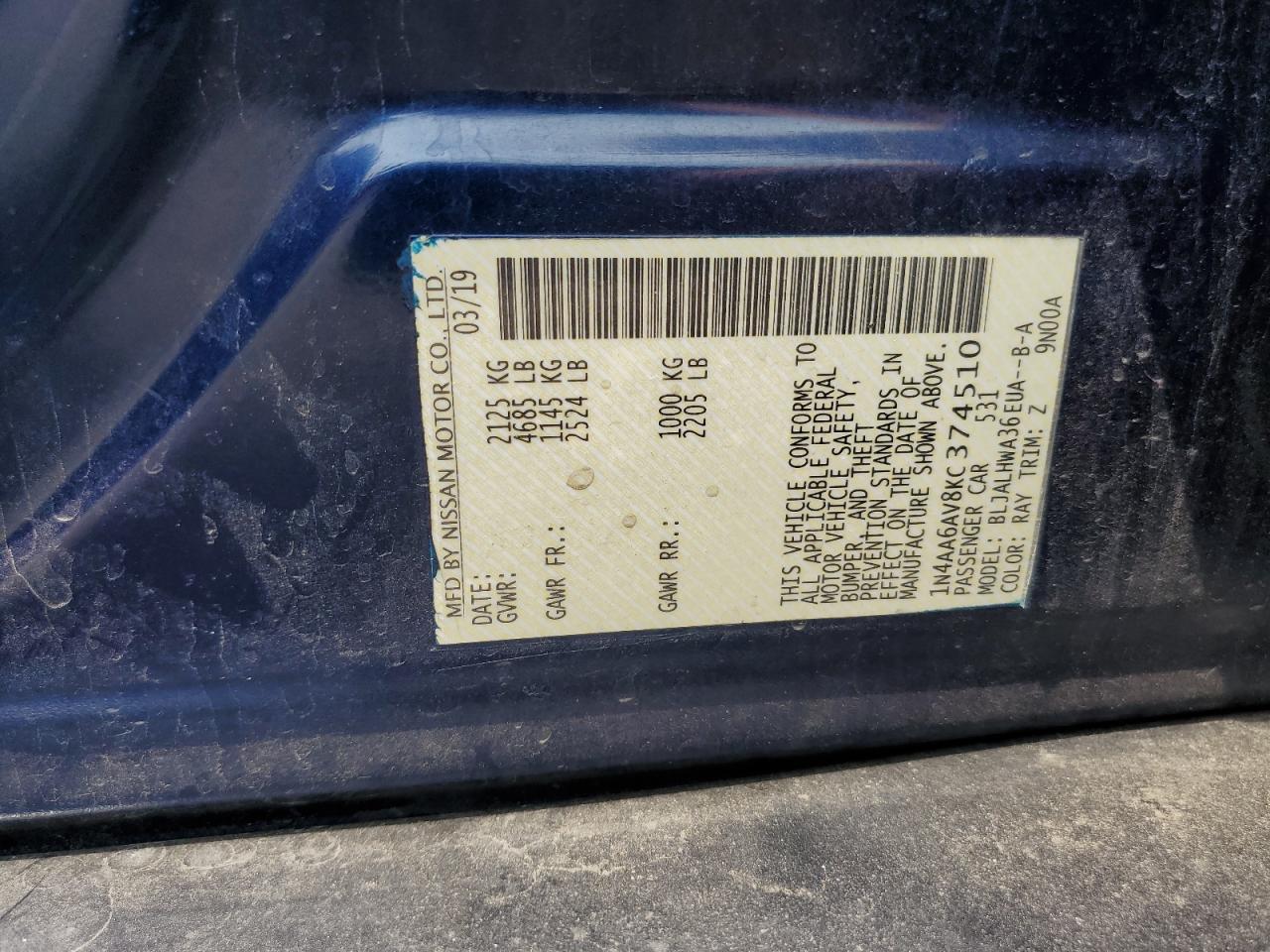 2019 Nissan Maxima 3.5 Platinum VIN: 1N4AA6AV8KC374510 Lot: 43447476