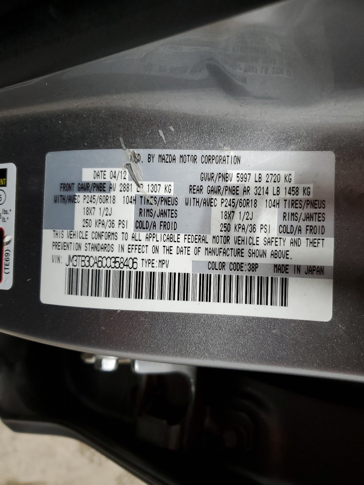 JM3TB3CA6C0358406 2012 Mazda Cx-9