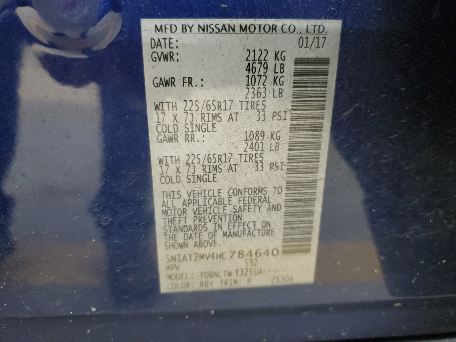 5N1AT2MV4HC784640 2017 Nissan Rogue Sv