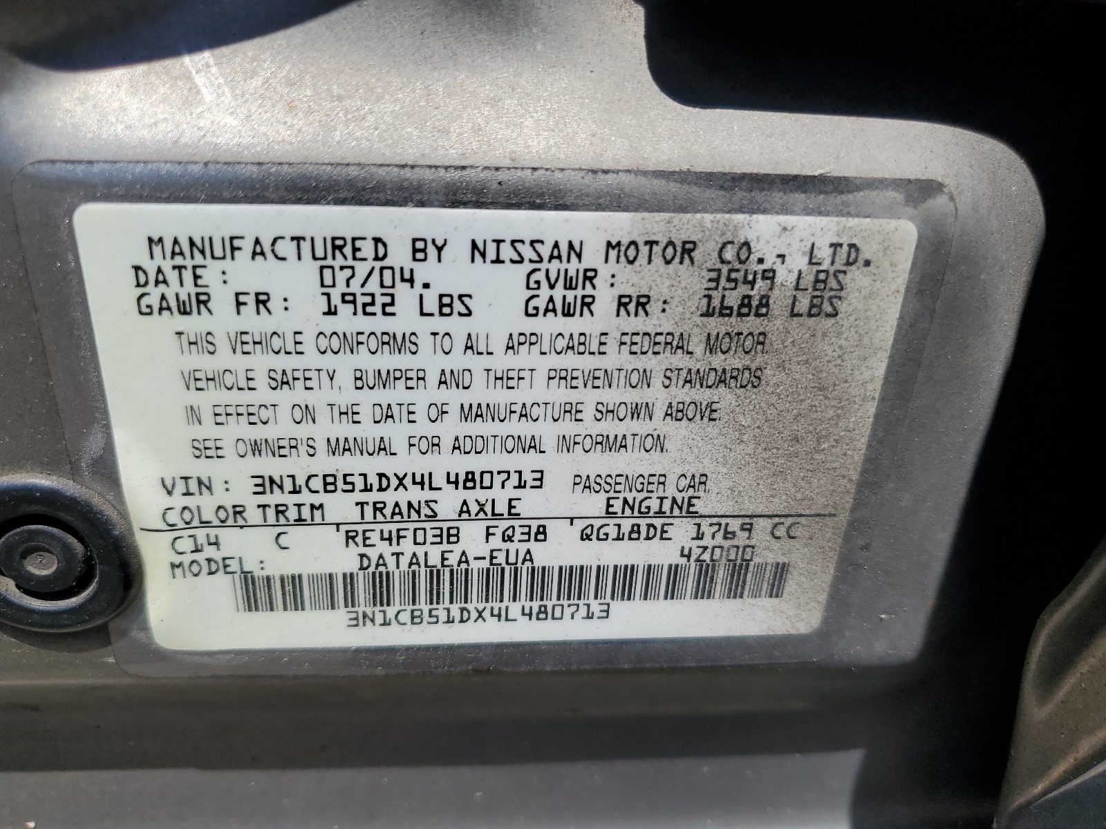 3N1CB51DX4L480713 2004 Nissan Sentra 1.8