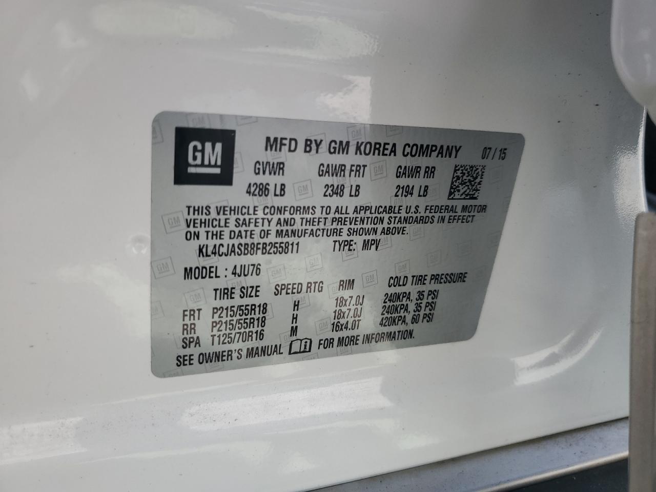 2015 Buick Encore VIN: KL4CJASB8FB255811 Lot: 64619674