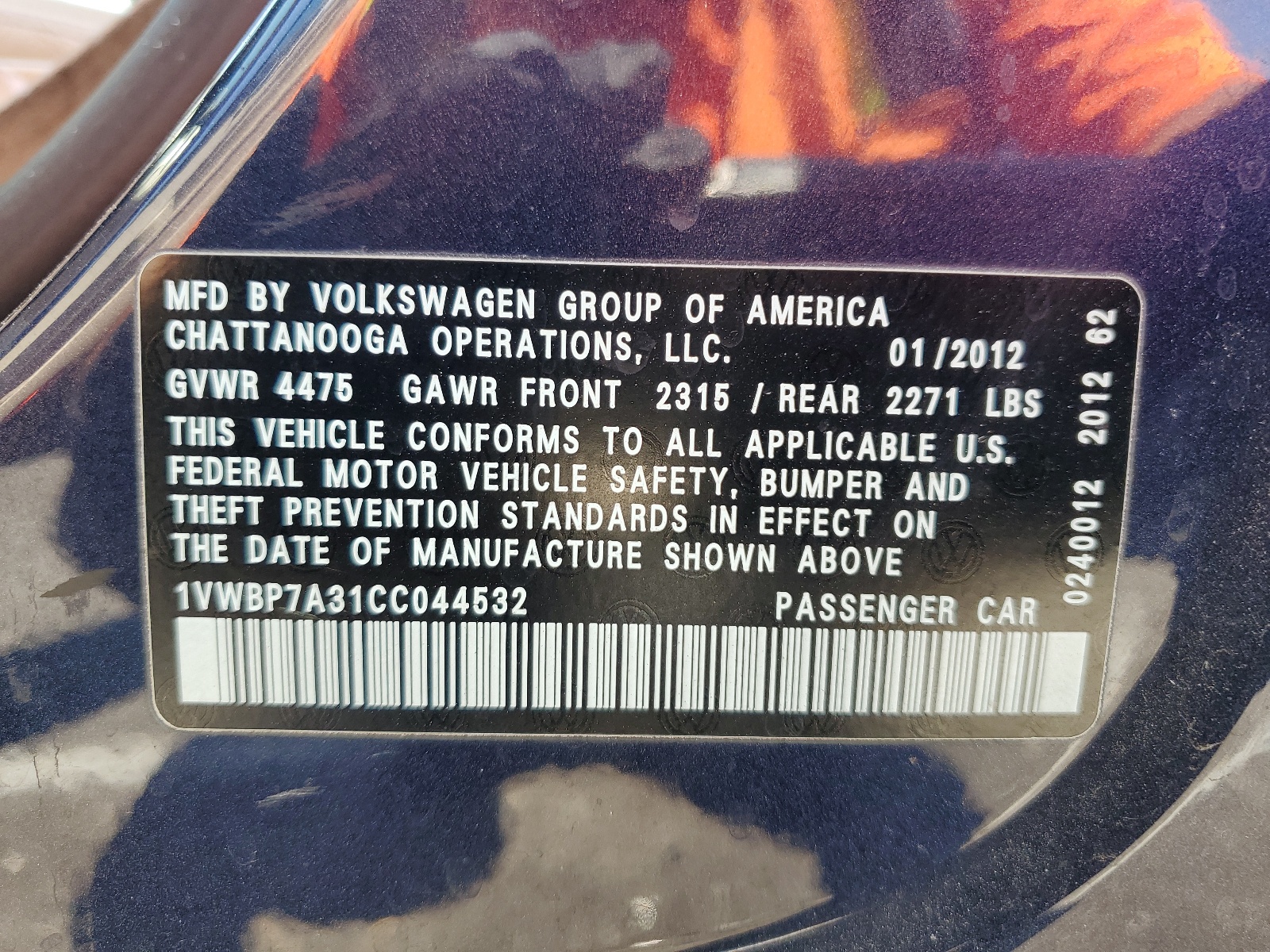 1VWBP7A31CC044532 2012 Volkswagen Passat Se