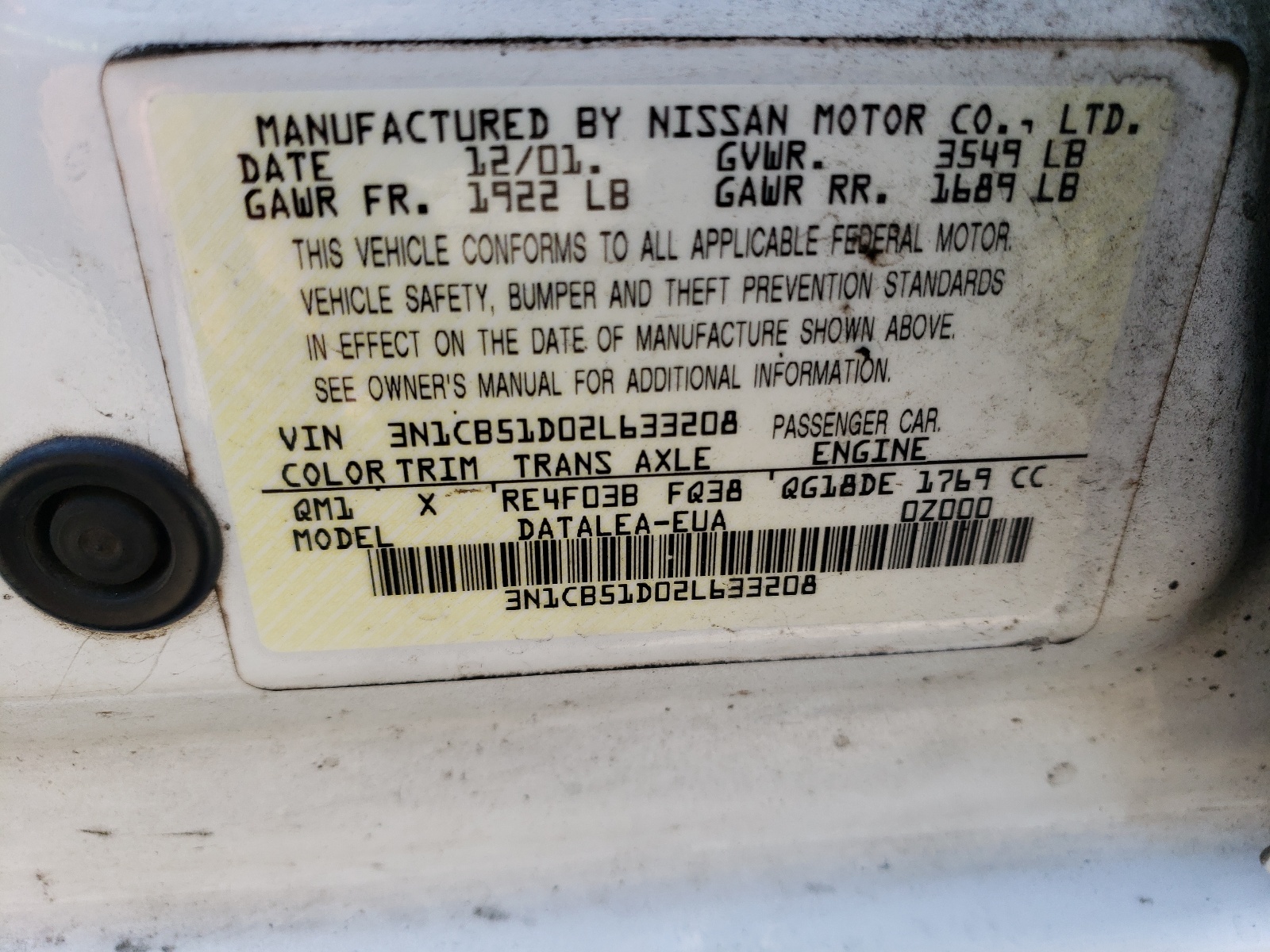 3N1CB51D02L633208 2002 Nissan Sentra Xe
