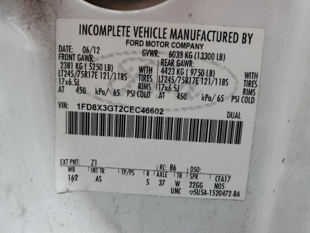 2012 Ford F350 Super Duty VIN: 1FD8X3GT2CEC46602 Lot: 63703574