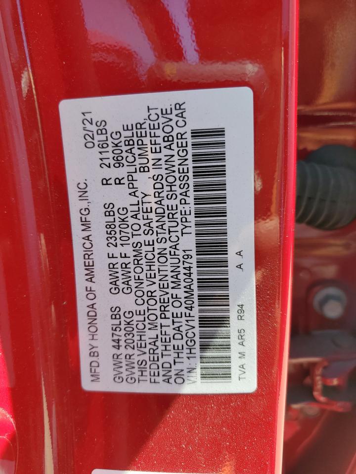 2021 Honda Accord Sport Se VIN: 1HGCV1F40MA044791 Lot: 63673204