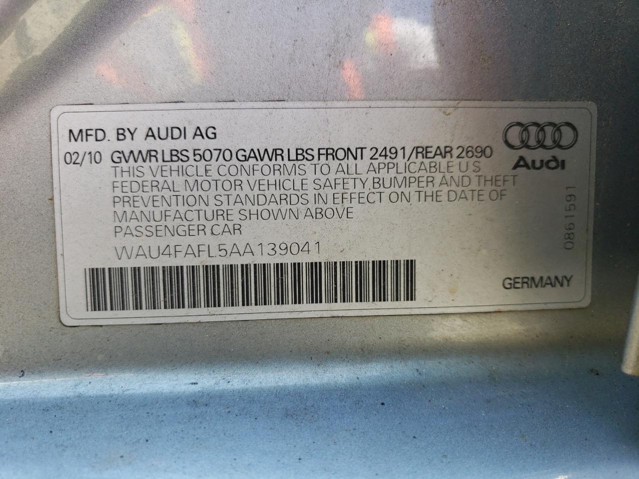 2010 Audi A4 Prestige VIN: WAU4FAFL5AA139041 Lot: 63593214