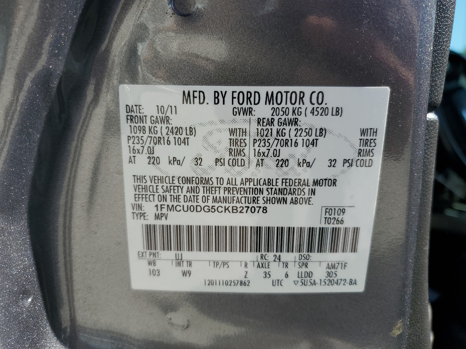 1FMCU0DG5CKB27078 2012 Ford Escape Xlt