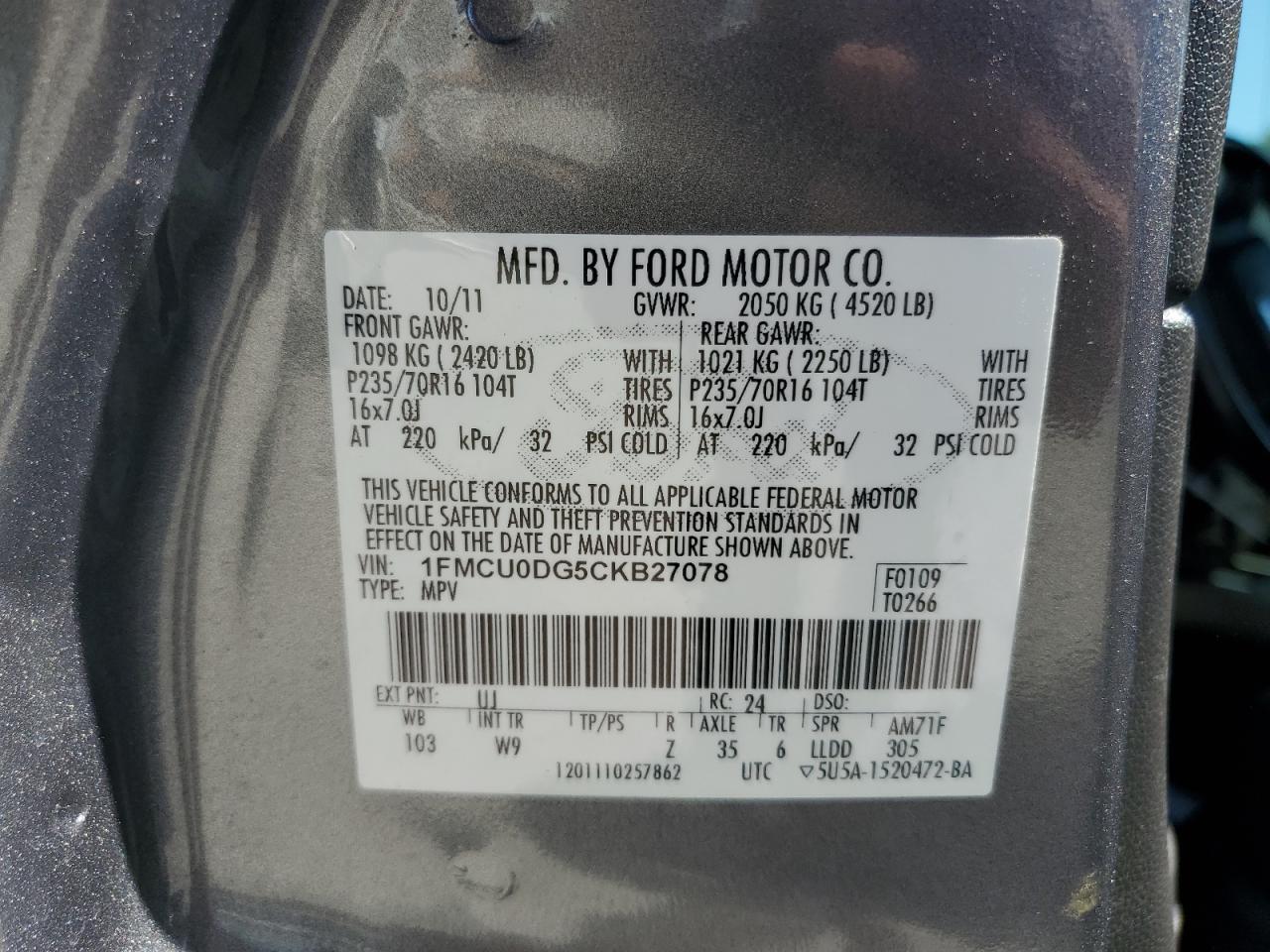 2012 Ford Escape Xlt VIN: 1FMCU0DG5CKB27078 Lot: 62628154