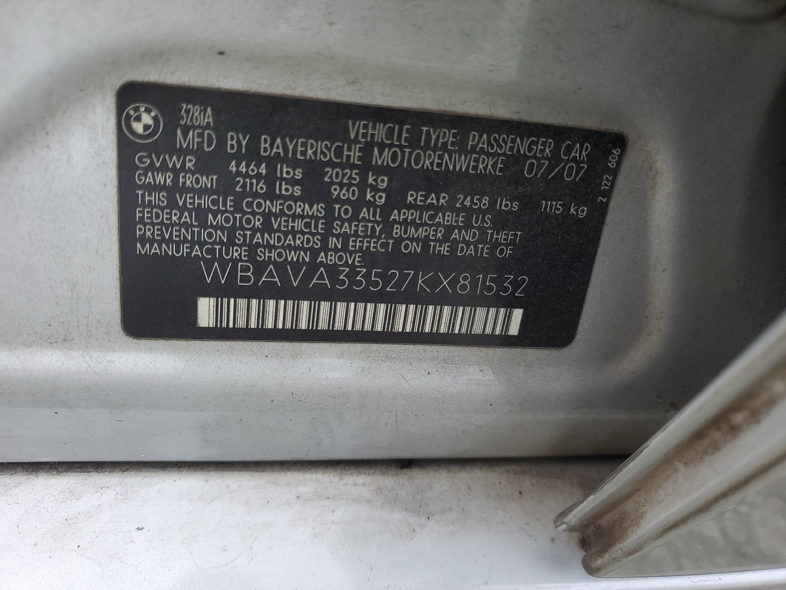 WBAVA33527KX81532 2007 BMW 328 I