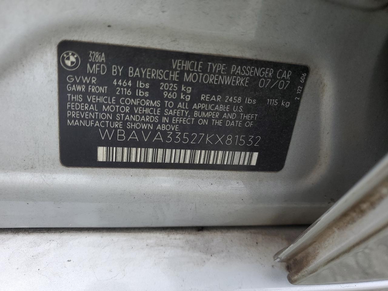 2007 BMW 328 I VIN: WBAVA33527KX81532 Lot: 63807564