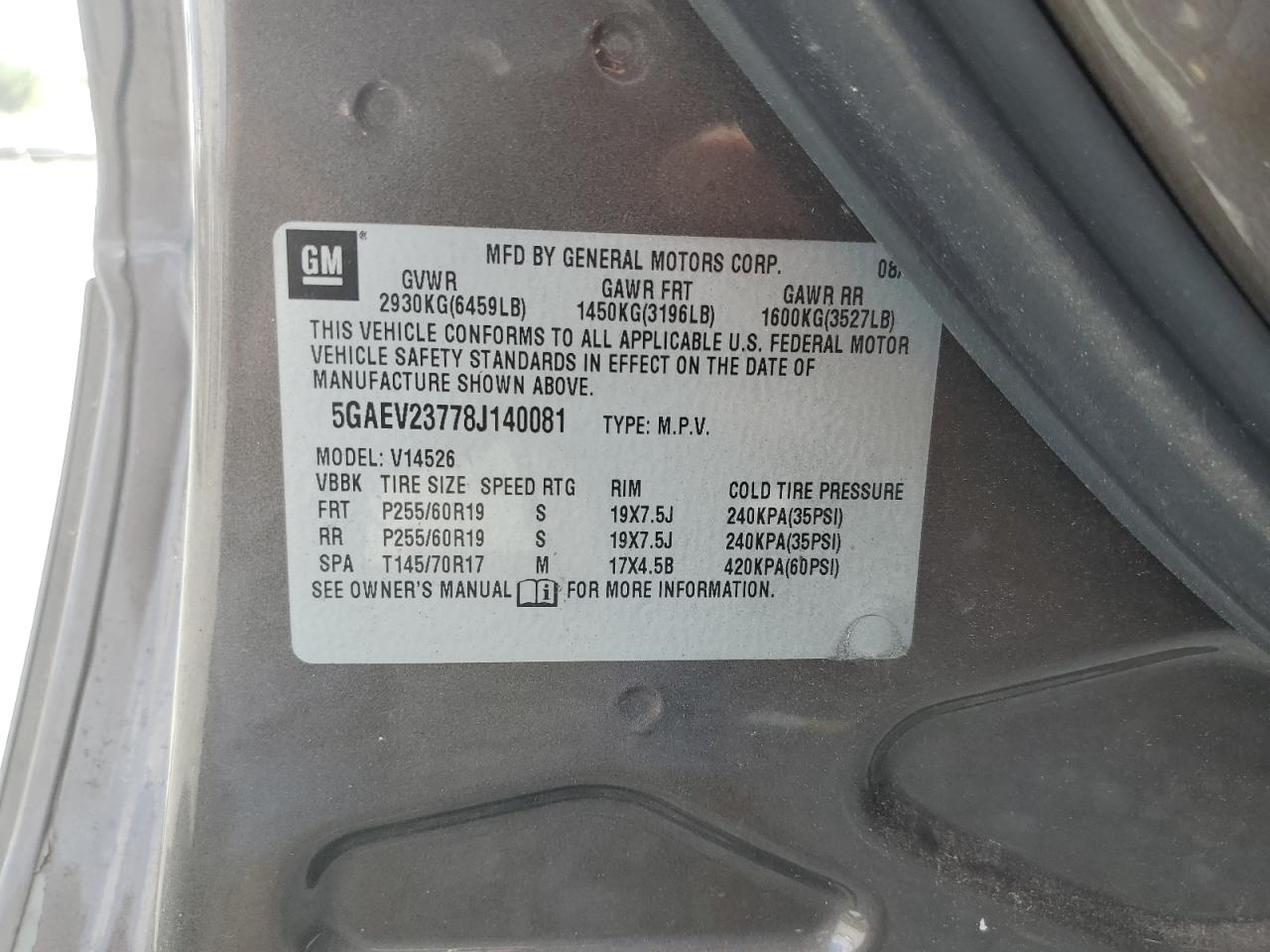 2008 Buick Enclave Cxl VIN: 5GAEV23778J140081 Lot: 64272254