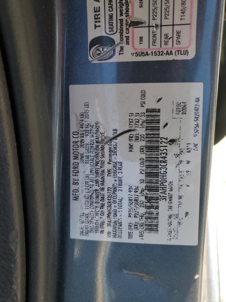 2012 Ford Fusion Se VIN: 3FAHP0HG3CR435122 Lot: 60698564