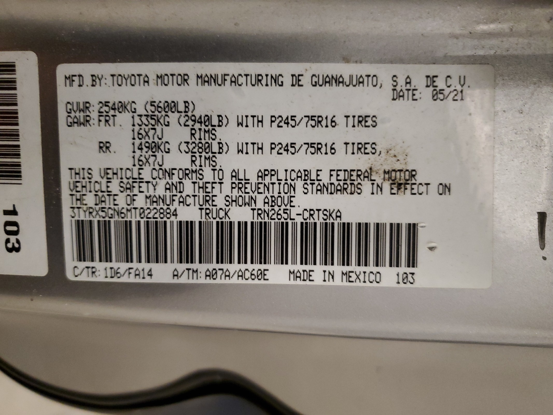 3TYRX5GN6MT022884 2021 Toyota Tacoma Access Cab