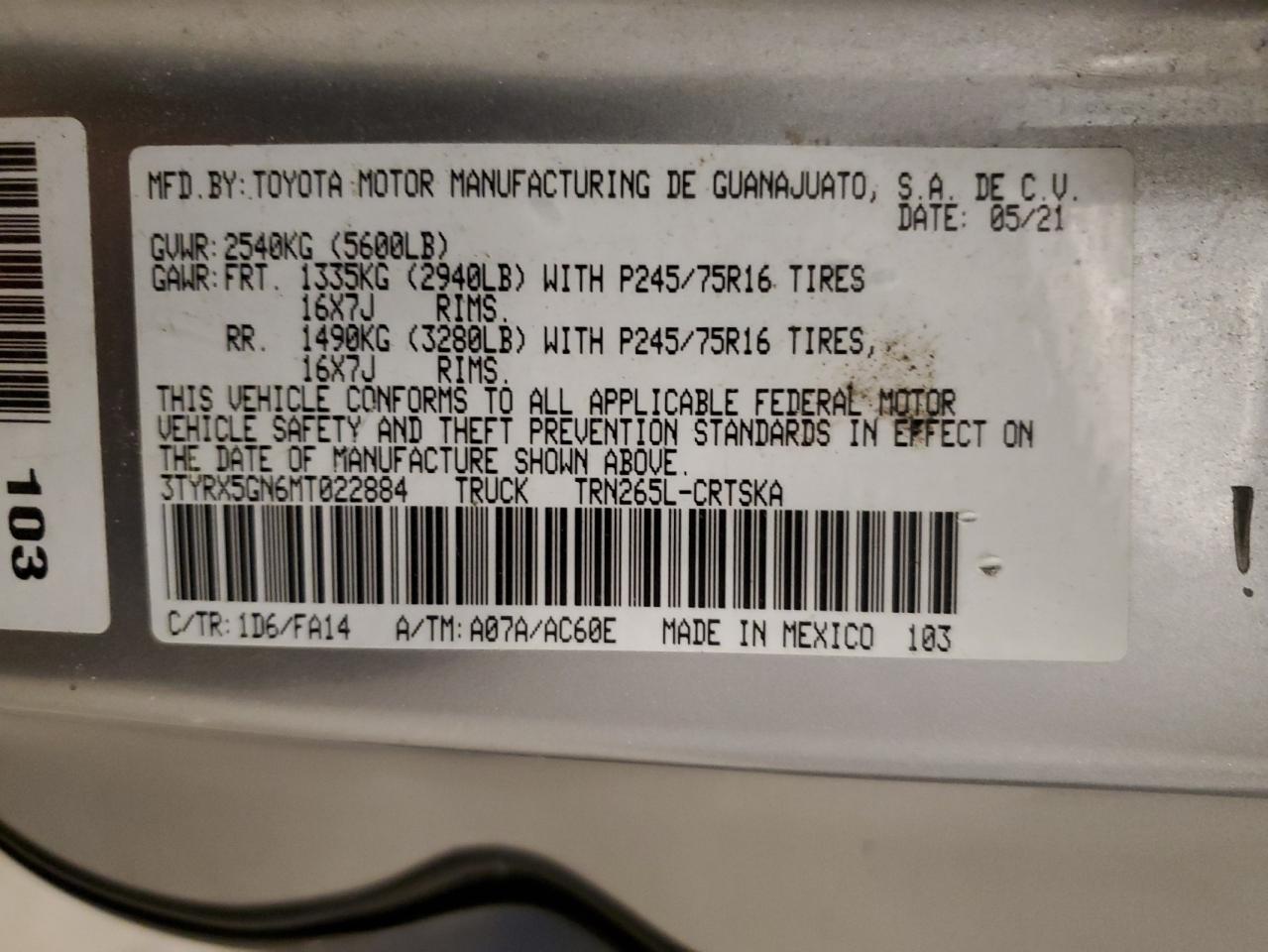 2021 Toyota Tacoma Access Cab VIN: 3TYRX5GN6MT022884 Lot: 60269564