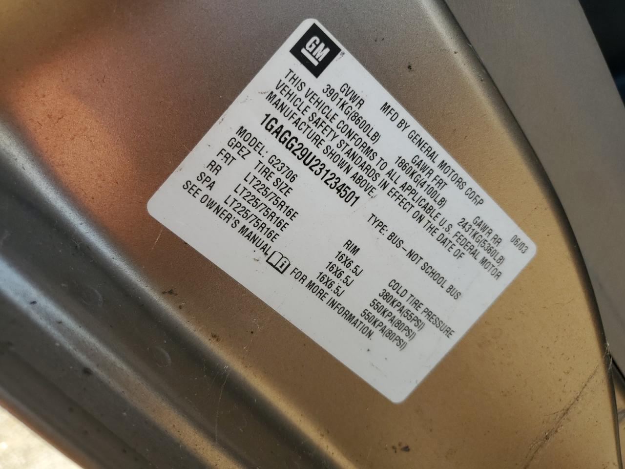 2003 Chevrolet Express G2500 VIN: 1GAGG29U231234501 Lot: 64086994