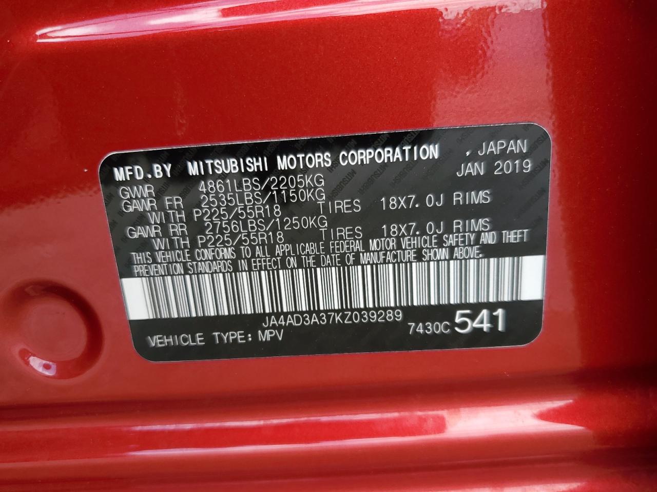 2019 Mitsubishi Outlander Se VIN: JA4AD3A37KZ039289 Lot: 62203954