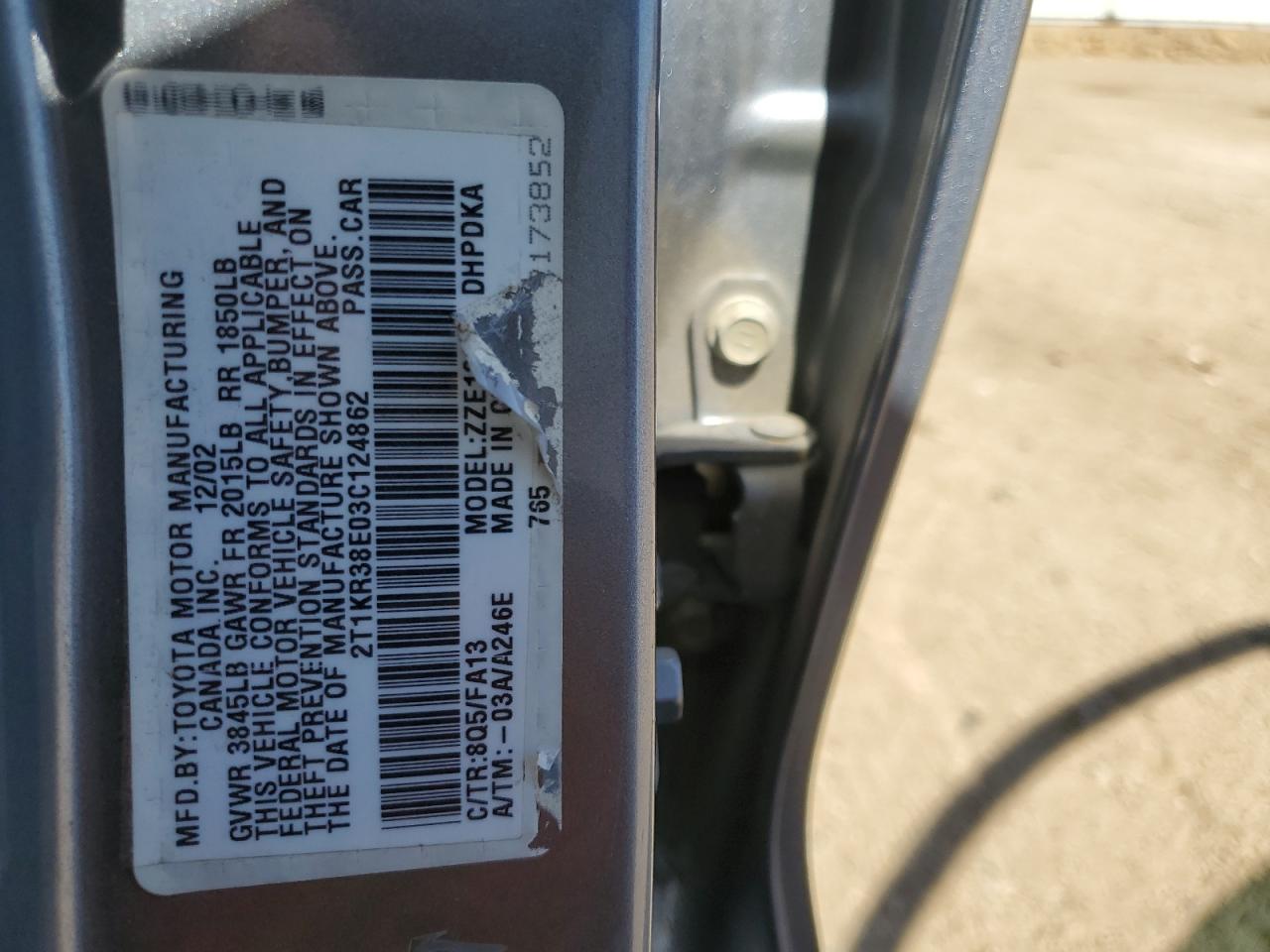 2003 Toyota Corolla Matrix Xr VIN: 2T1KR38E03C124862 Lot: 64194974