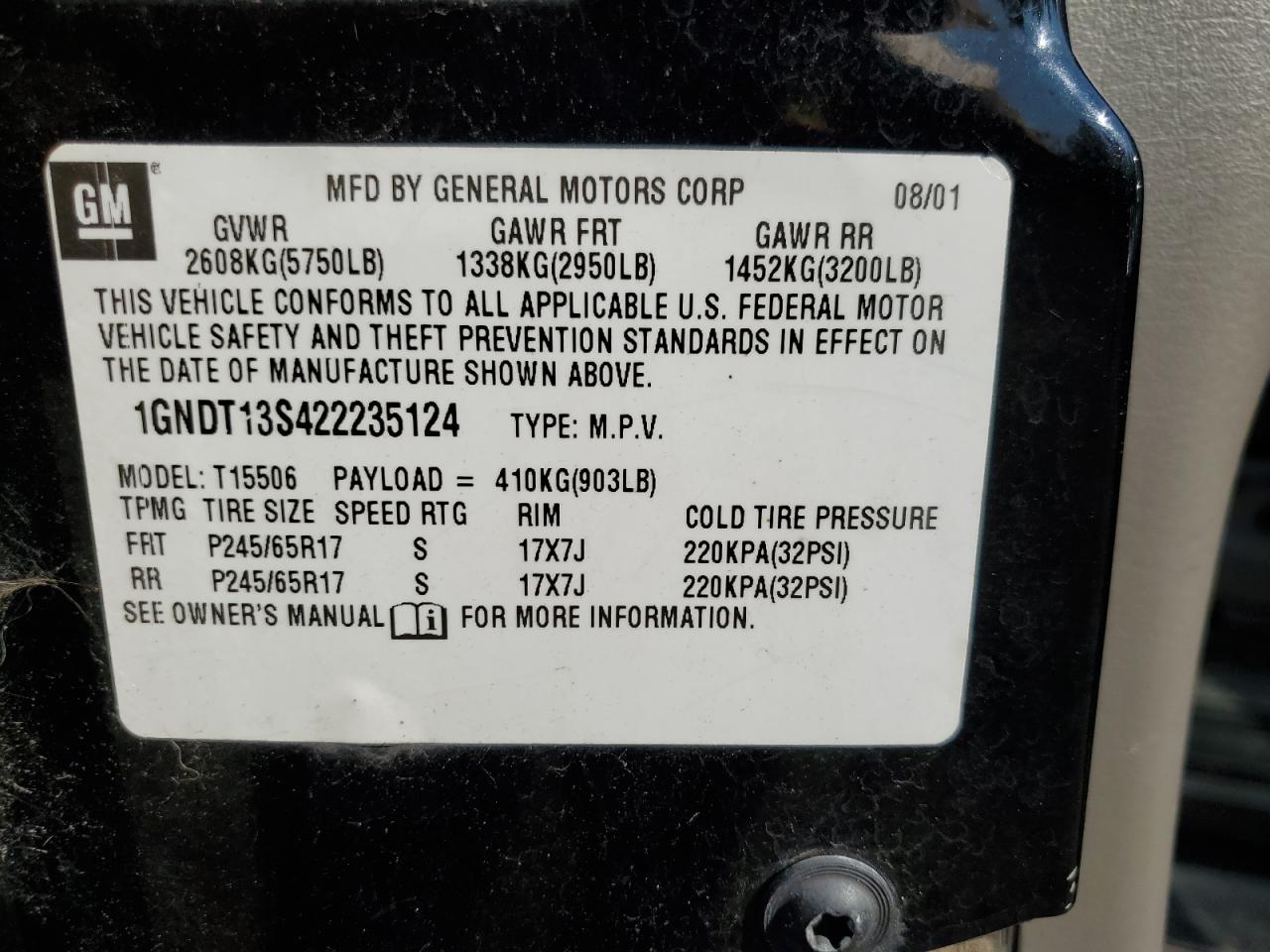 2002 Chevrolet Trailblazer VIN: 1GNDT13S422235124 Lot: 63765384