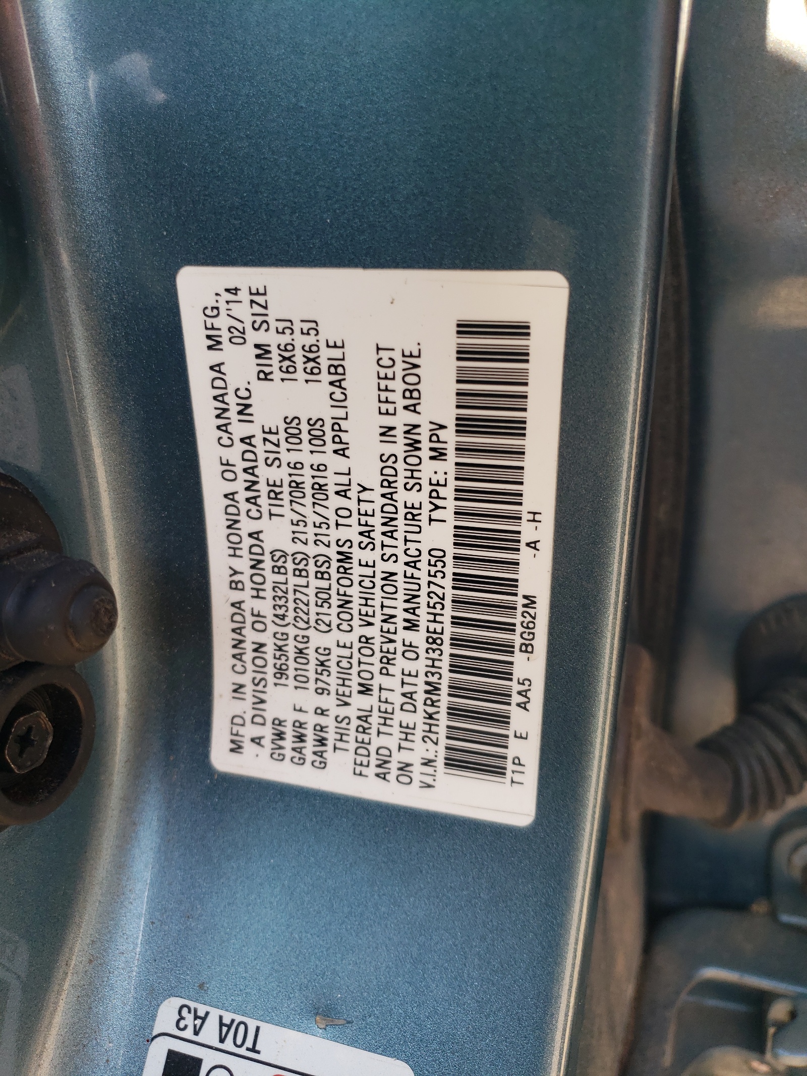 2HKRM3H38EH527550 2014 Honda Cr-V Lx