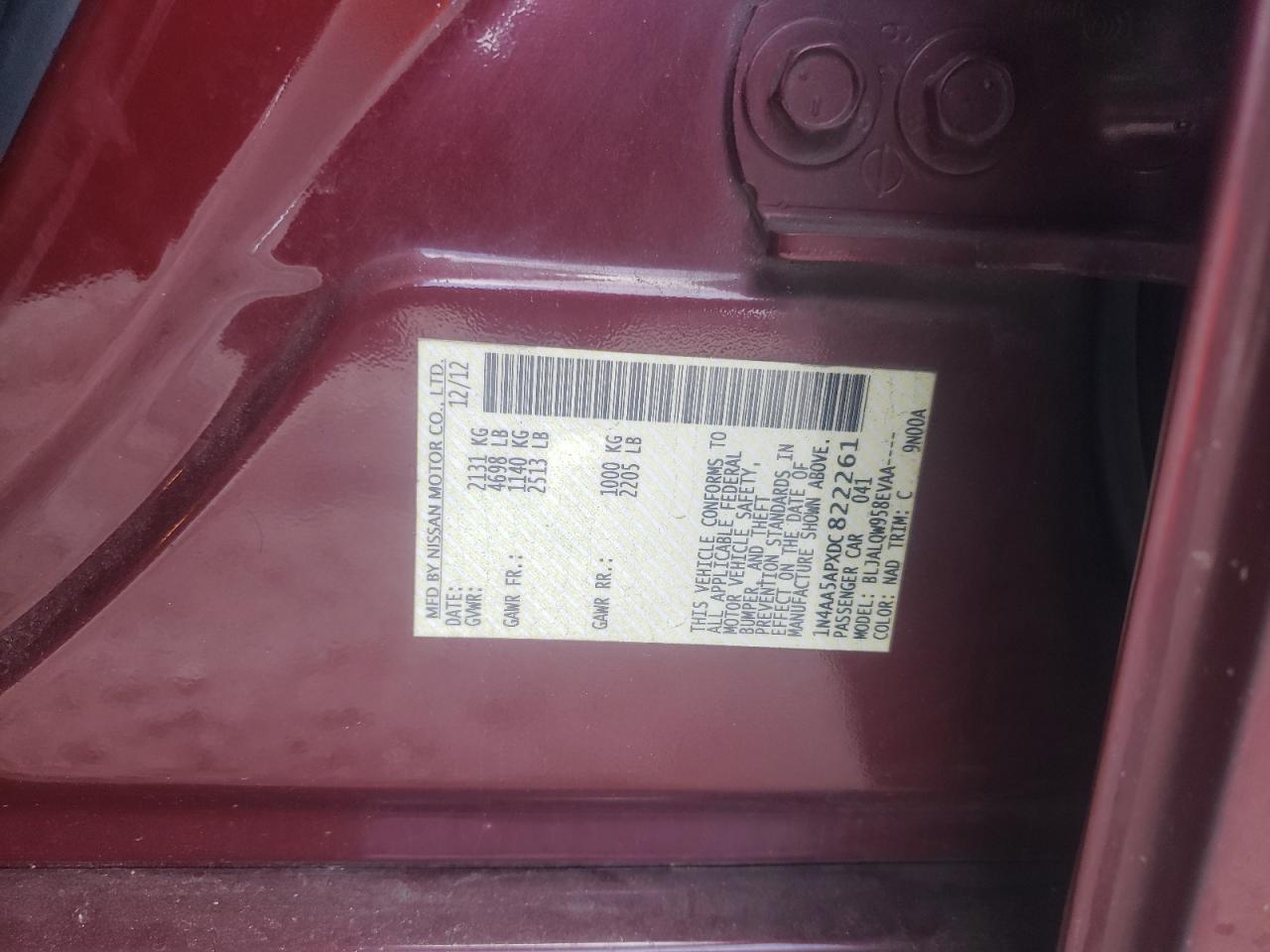 2013 Nissan Maxima S VIN: 1N4AA5APXDC822261 Lot: 61820674