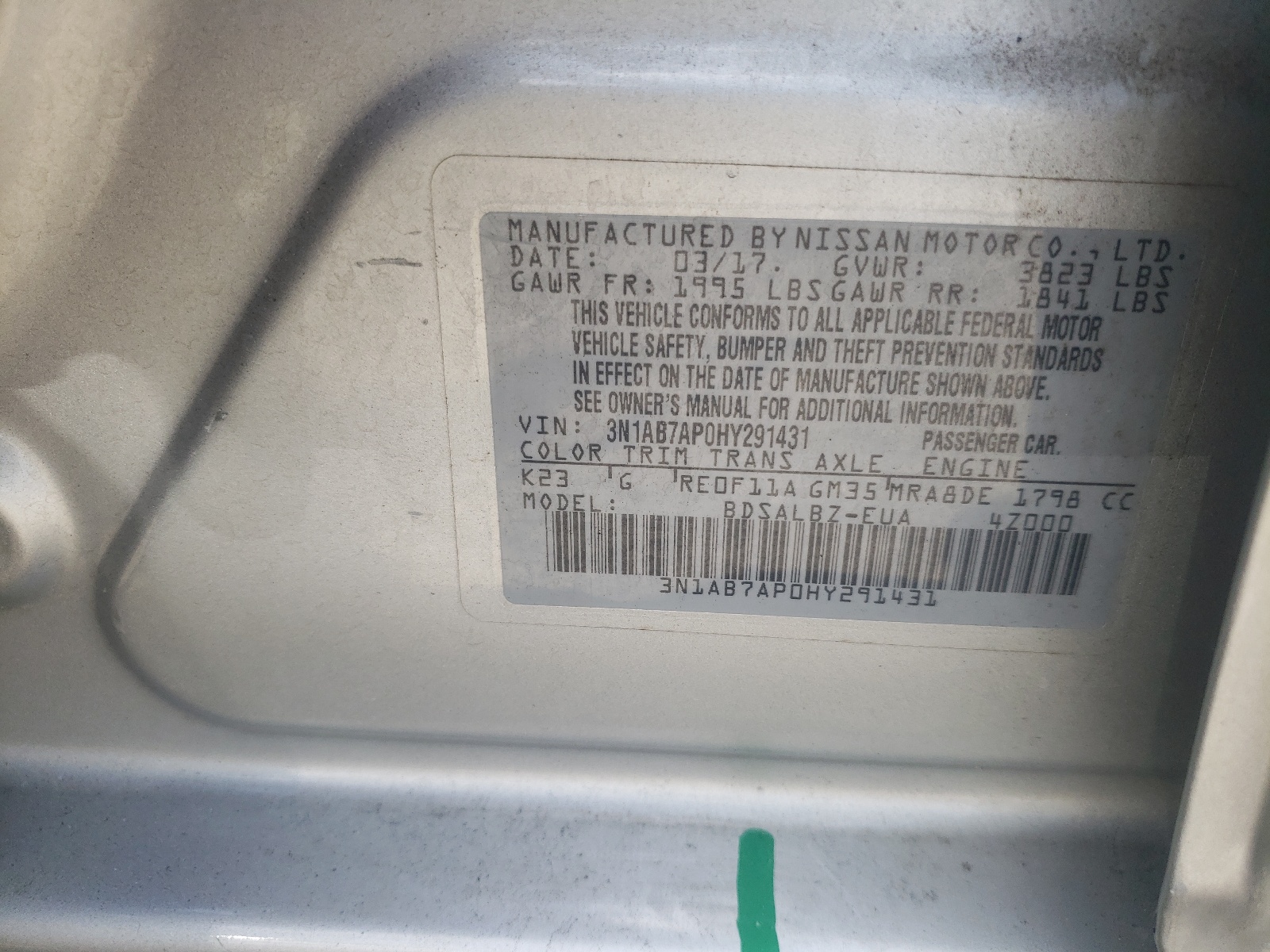 3N1AB7AP0HY291431 2017 Nissan Sentra S