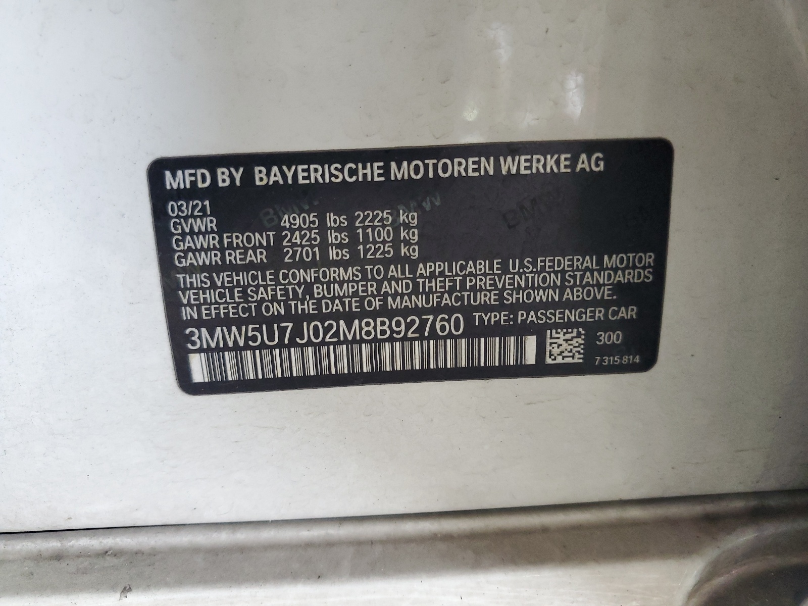 3MW5U7J02M8B92760 2021 BMW M340I