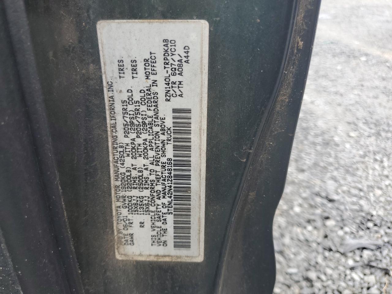 2001 Toyota Tacoma VIN: 5TENL42N41Z848168 Lot: 61816314