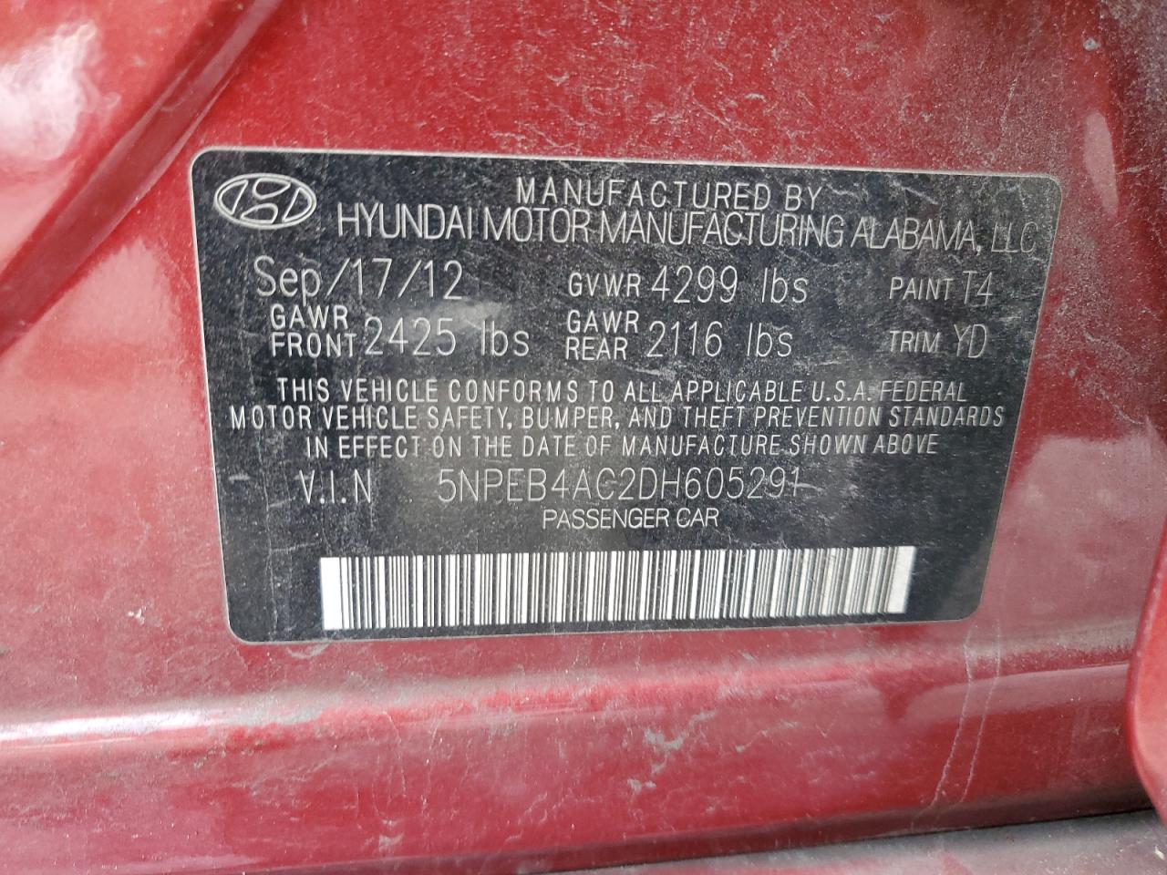 2013 Hyundai Sonata Gls VIN: 5NPEB4AC2DH605291 Lot: 64948764