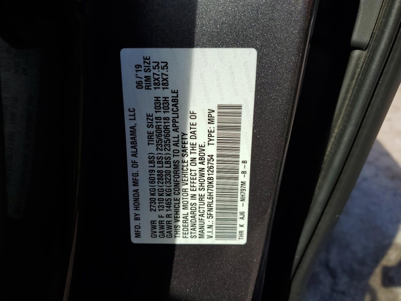 5FNRL6H70KB126754 2019 Honda Odyssey Exl