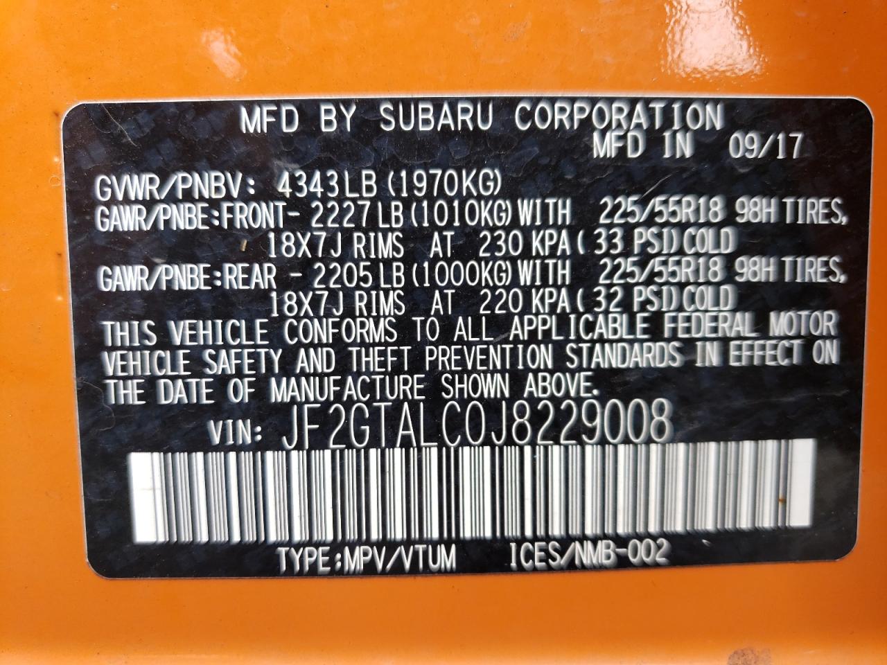 JF2GTALC0J8229008 2018 Subaru Crosstrek Limited