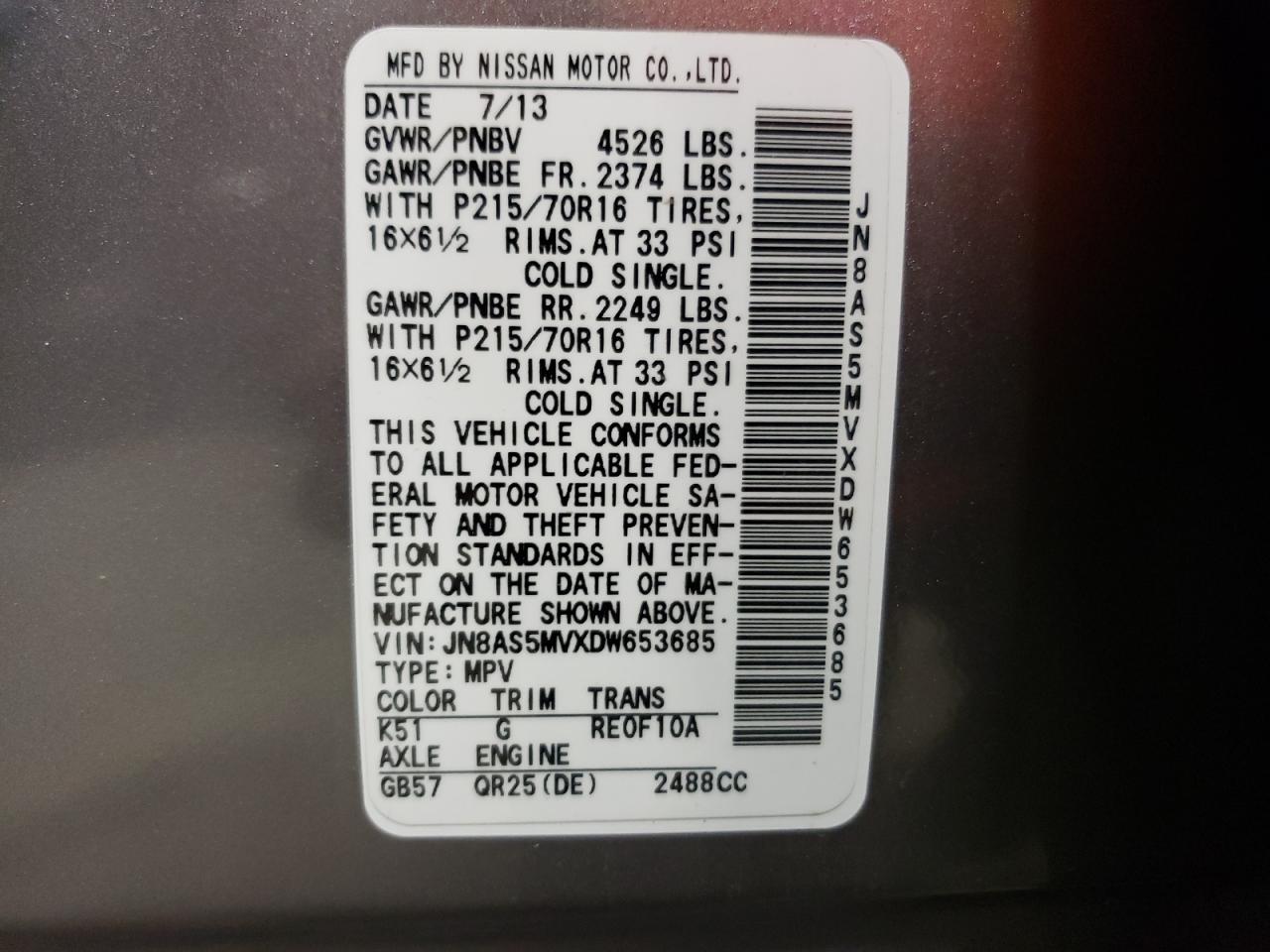 2013 Nissan Rogue S VIN: JN8AS5MVXDW653685 Lot: 62231624