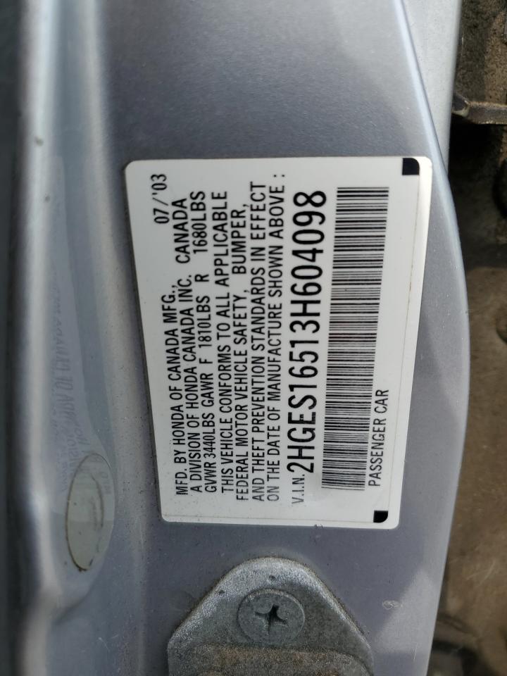 2003 Honda Civic Lx VIN: 2HGES16513H604098 Lot: 63115684