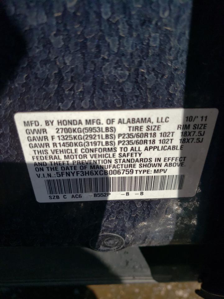 2012 Honda Pilot Exl VIN: 5FNYF3H6XCB006759 Lot: 62704034