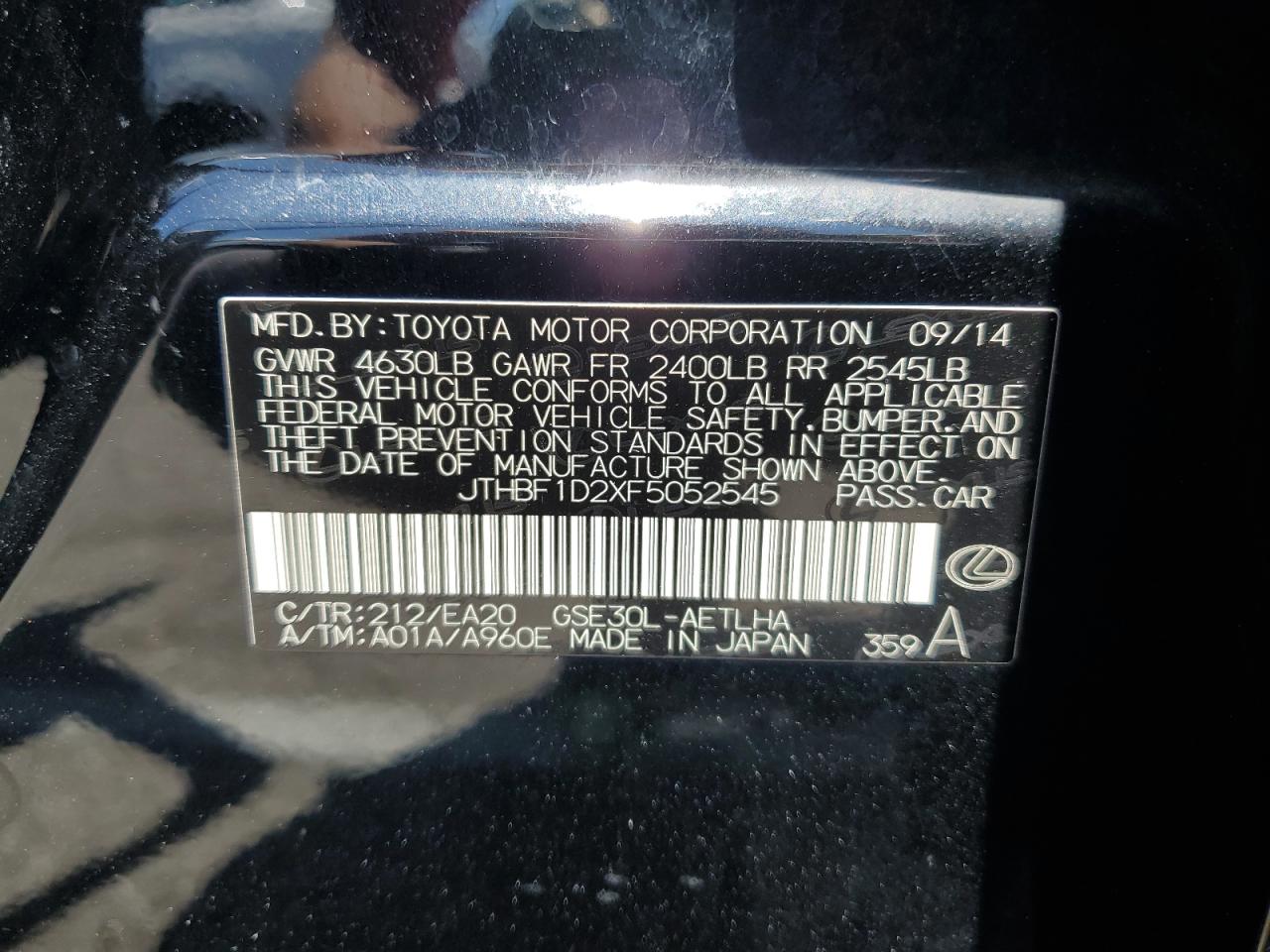 2015 Lexus Is 250 VIN: JTHBF1D2XF5052545 Lot: 65316474