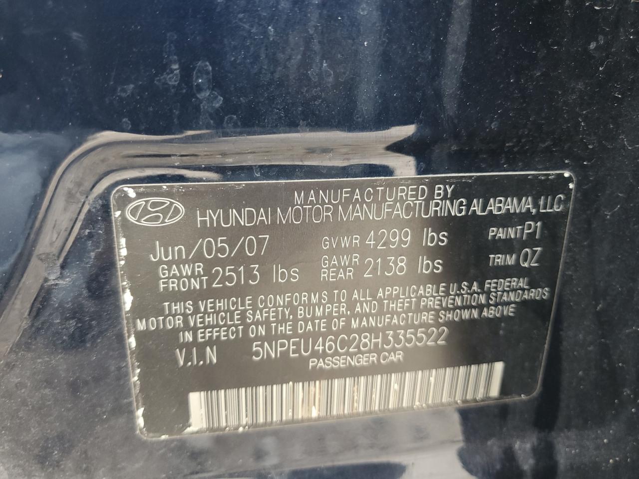 5NPEU46C28H335522 2008 Hyundai Sonata Se