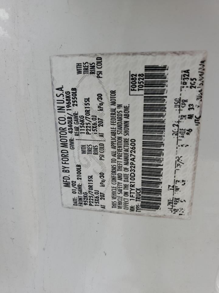 2002 Ford Ranger VIN: 1FTYR10D32PA72600 Lot: 64491284