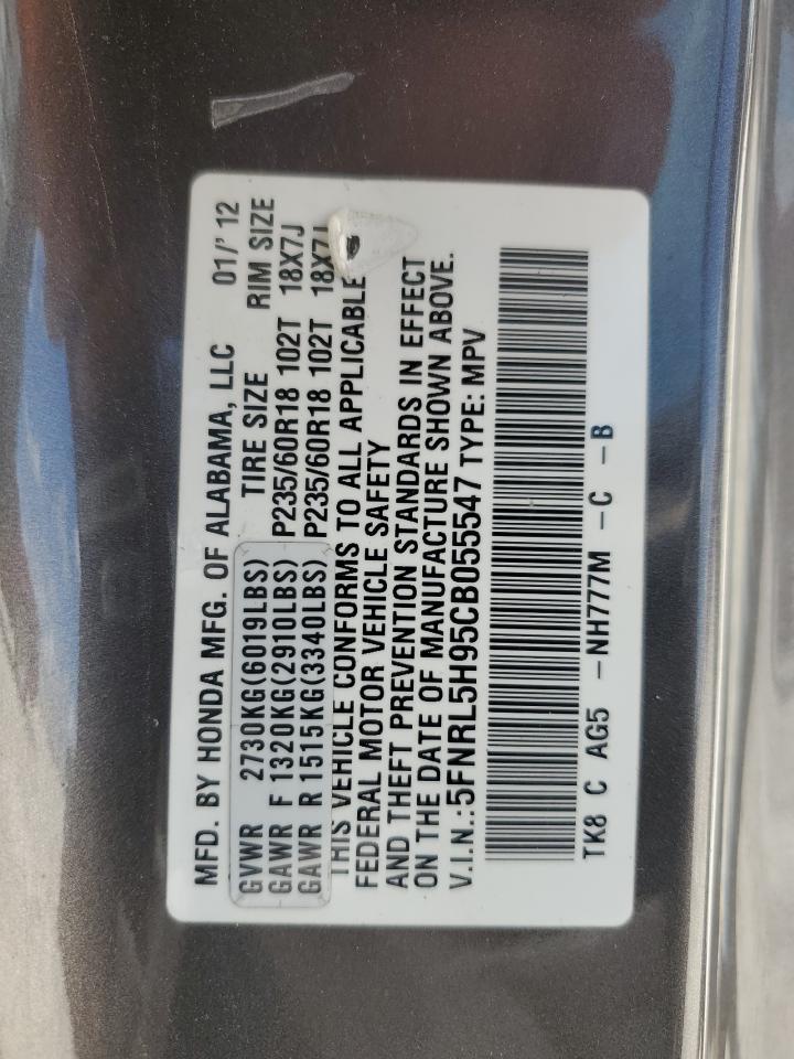 2012 Honda Odyssey Touring VIN: 5FNRL5H95CB055547 Lot: 64163284