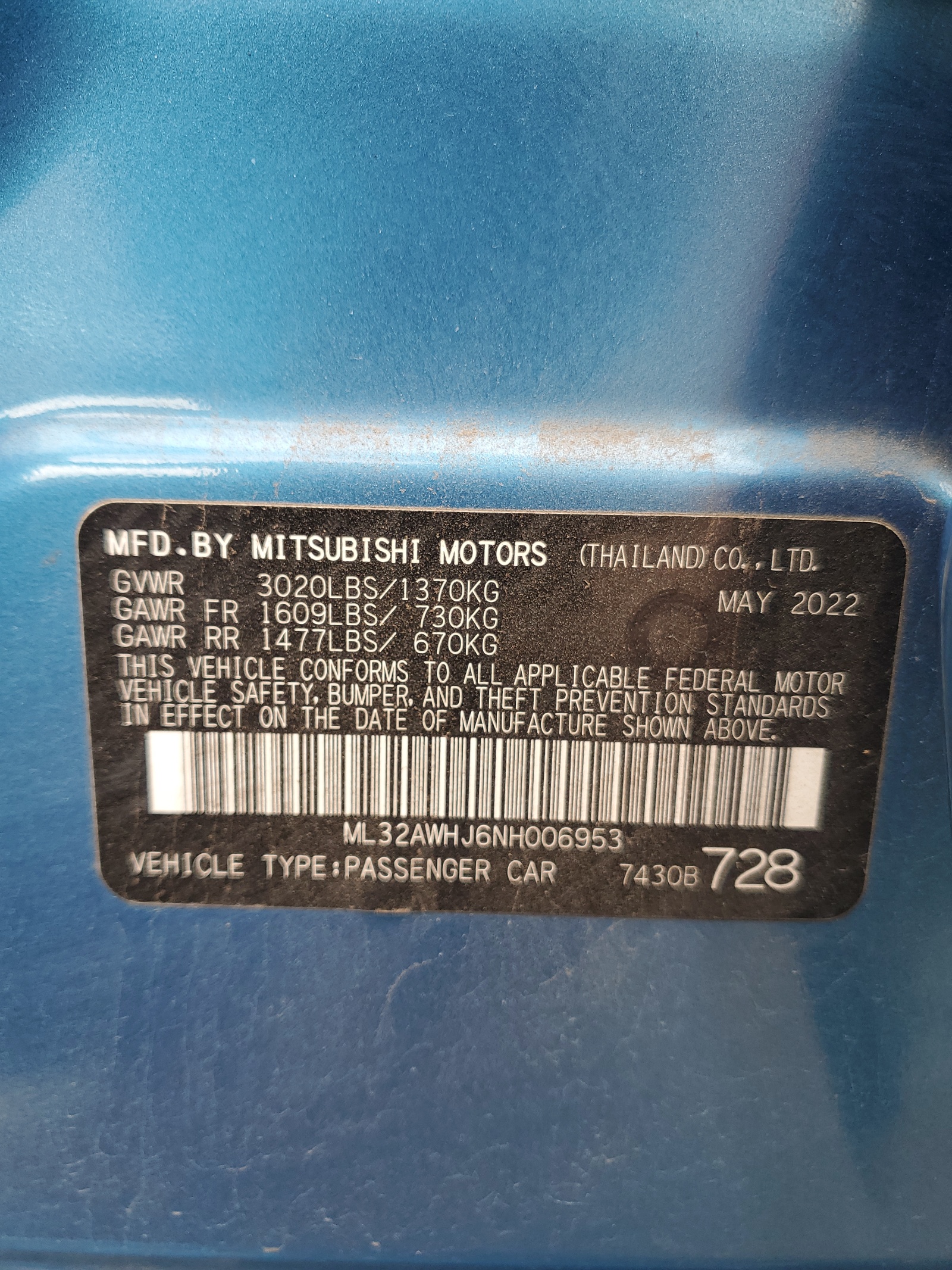 ML32AWHJ6NH006953 2022 Mitsubishi Mirage Se