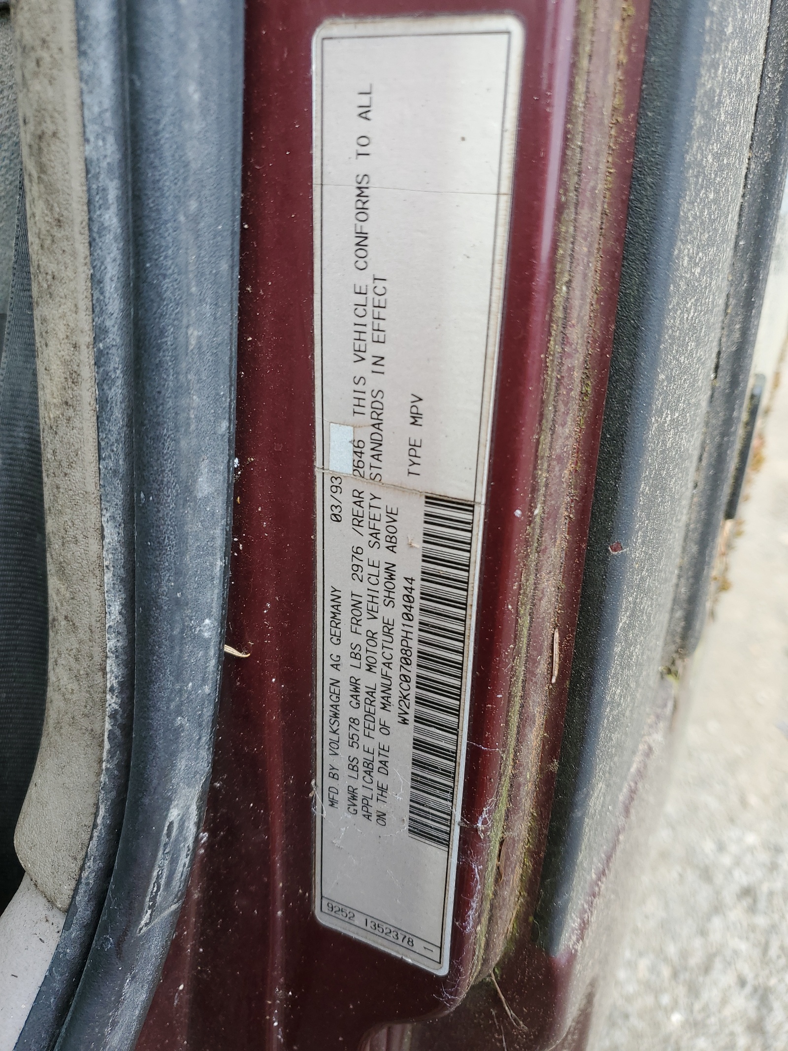 WV2KC0708PH104044 1993 Volkswagen Eurovan Gl