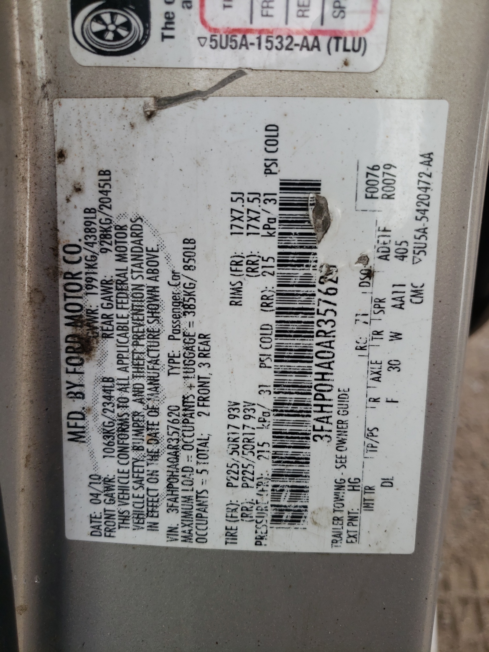 3FAHP0HA0AR357620 2010 Ford Fusion Se