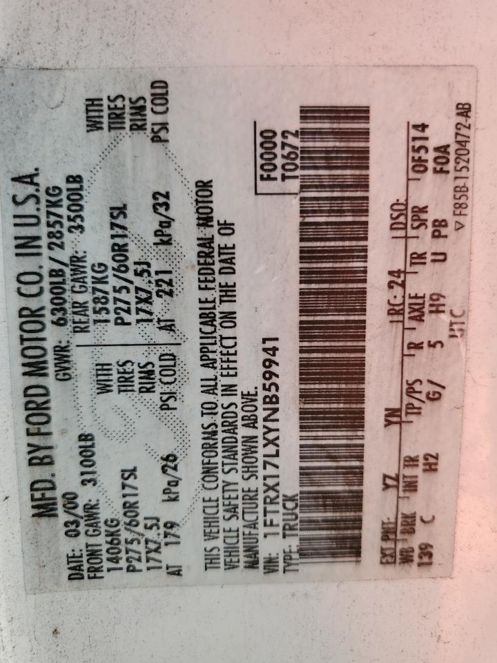 2000 Ford F150 VIN: 1FTRX17LXYNB59941 Lot: 63186184