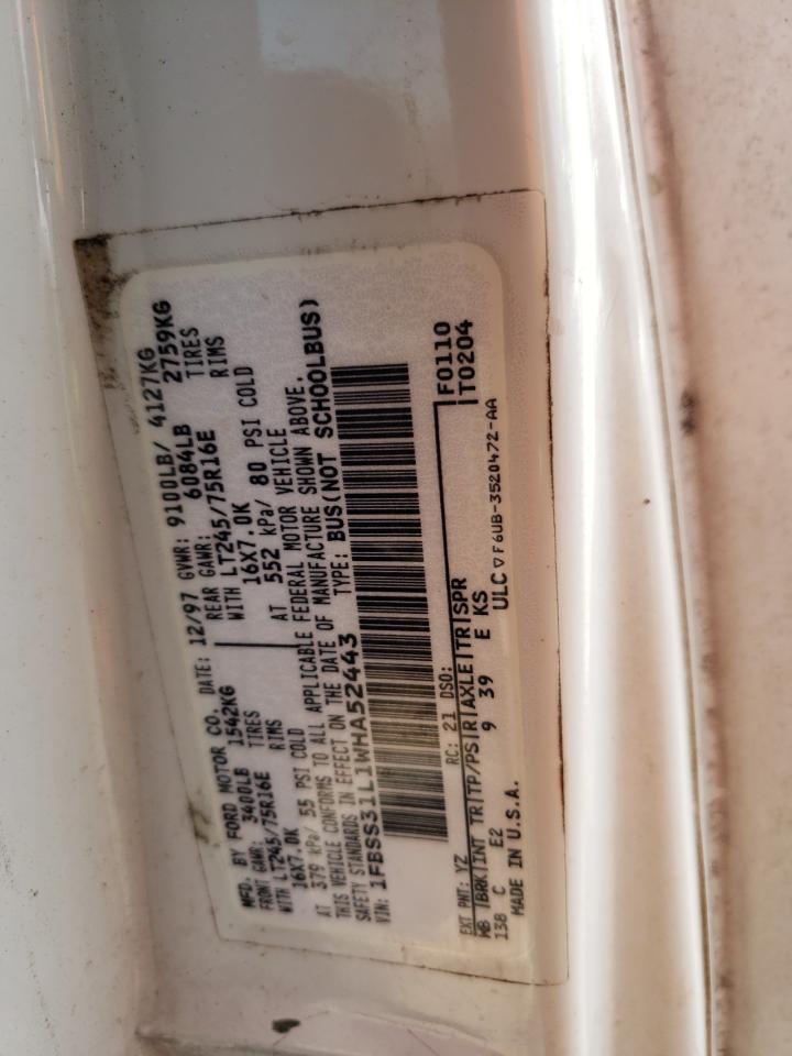 1998 Ford Econoline E350 Super Duty VIN: 1FBSS31L1WHA52443 Lot: 61202054