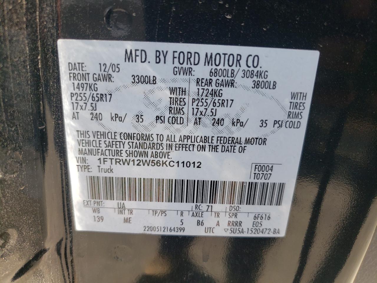 2006 Ford F150 Supercrew VIN: 1FTRW12W56KC11012 Lot: 65362474