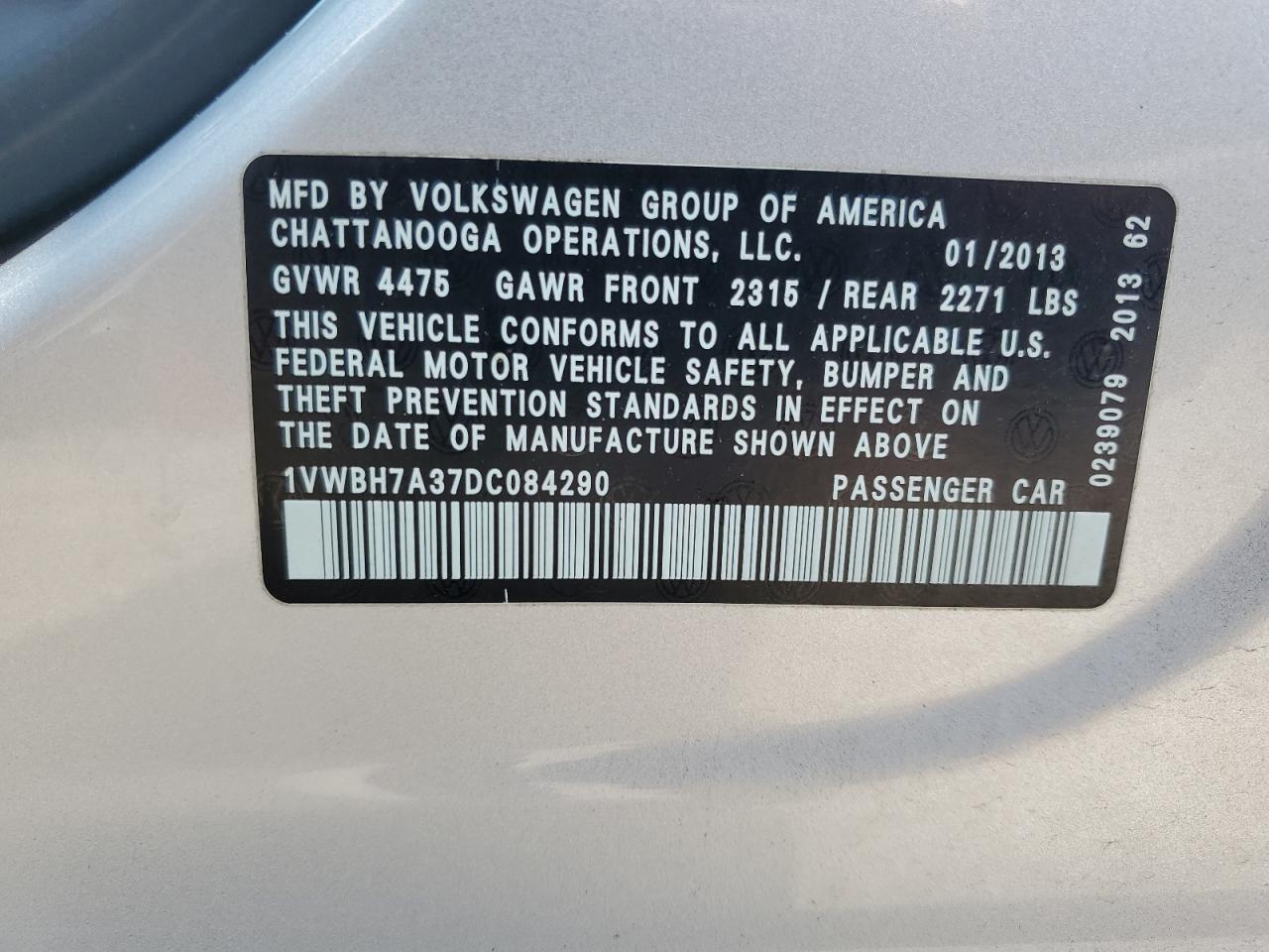 2013 Volkswagen Passat Se VIN: 1VWBH7A37DC084290 Lot: 62865404