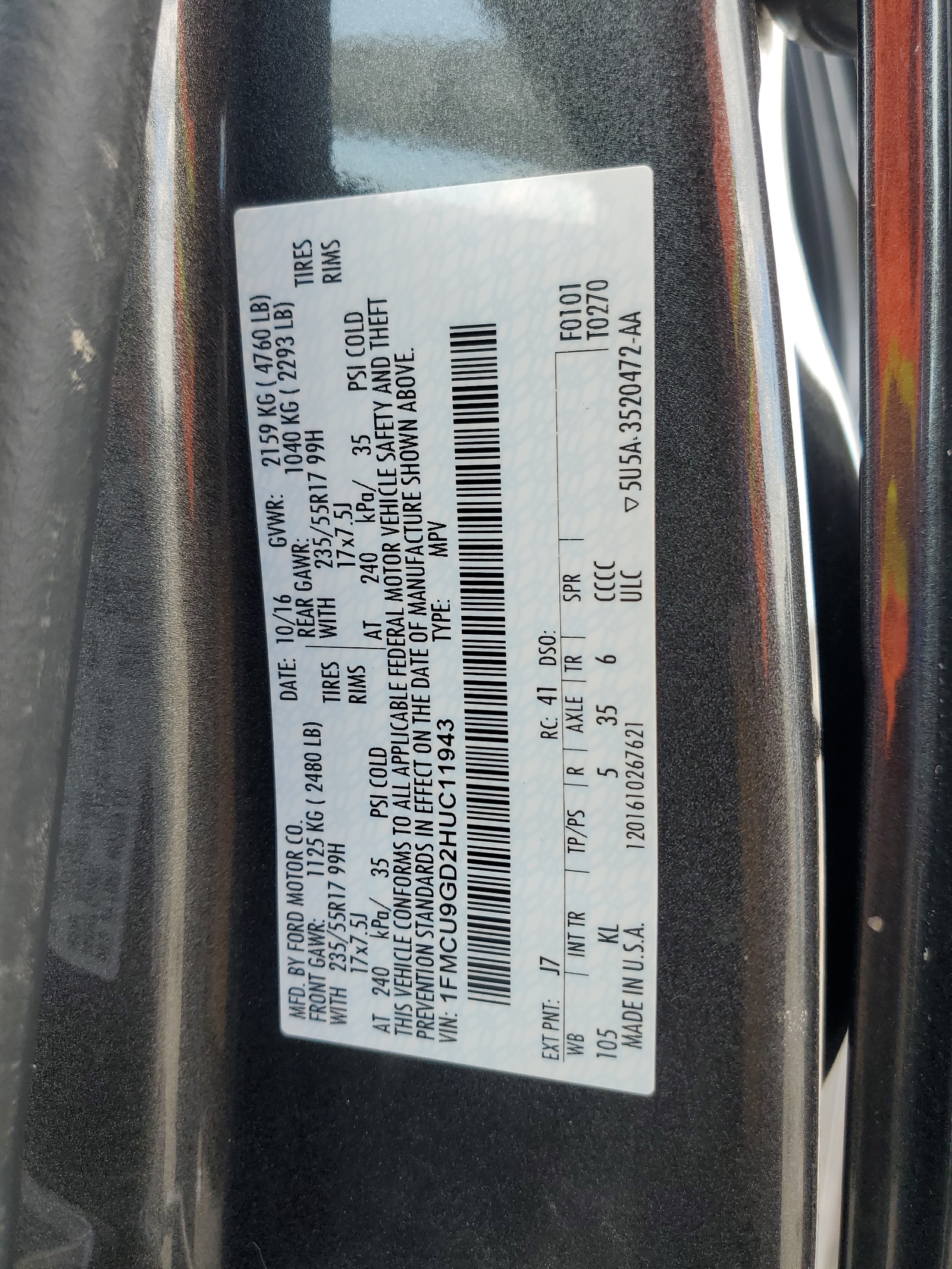 1FMCU9GD2HUC11943 2017 Ford Escape Se