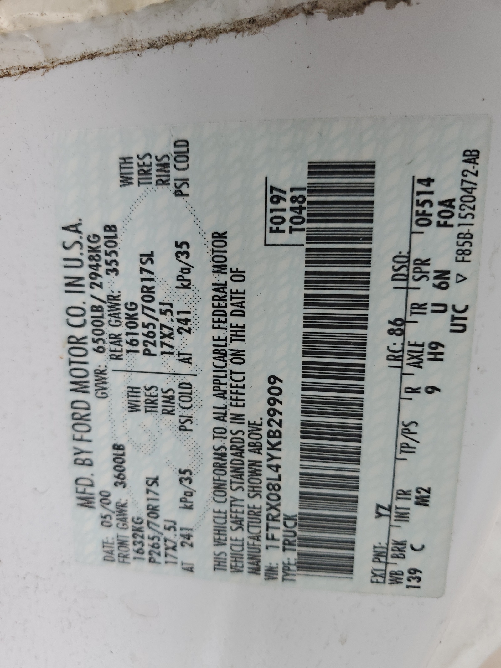 1FTRX08L4YKB29909 2000 Ford F150