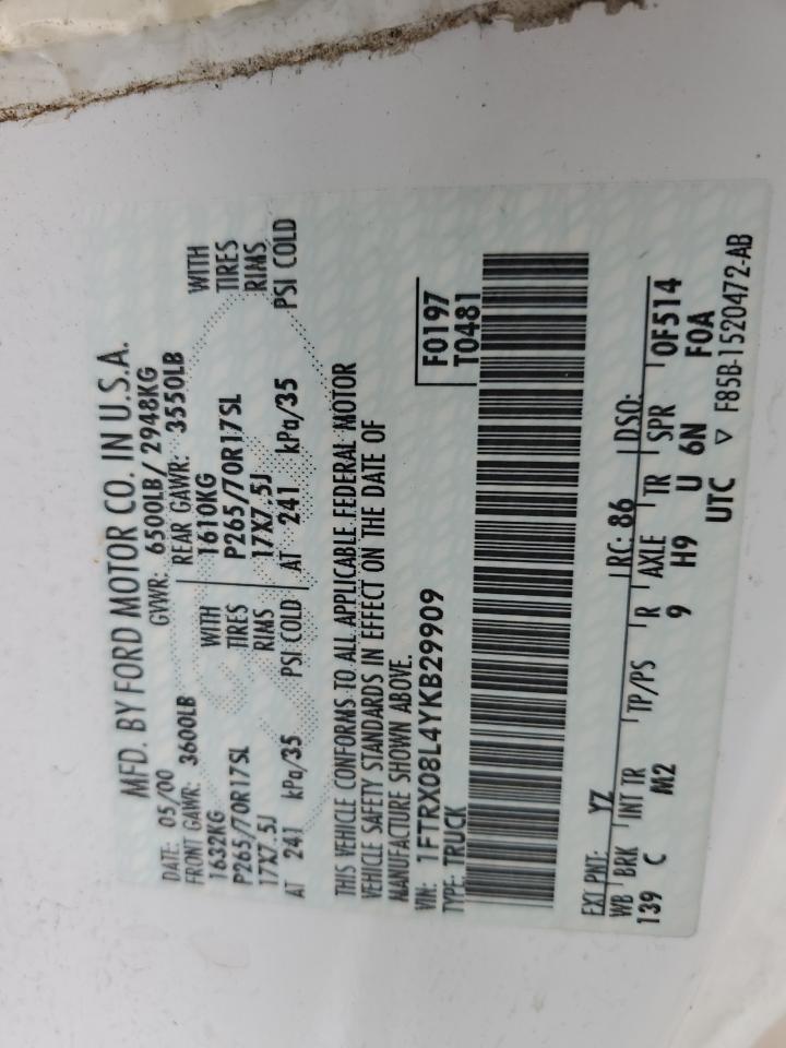 2000 Ford F150 VIN: 1FTRX08L4YKB29909 Lot: 63382984